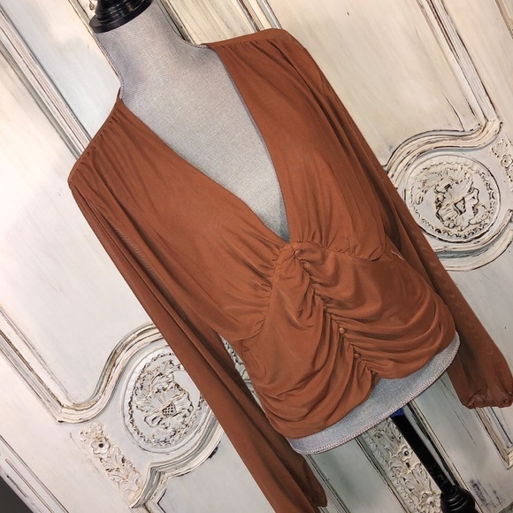 Talent Sexy Sheer Netting Long Sleeve Deep V Neck Empire Styling Camisole Top - Picture 2 of 13